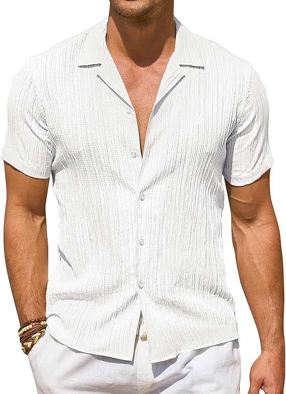 Linen Shirts for Men Short Sleeve Men's Linen Shirt Textured Casual Button Down Shirts Linen Summer Beach Shirts
