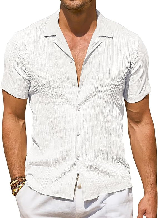 Linen Shirts for Men Short Sleeve Men's Linen Shirt Textured Casual Button Down Shirts Linen Summer Beach Shirts